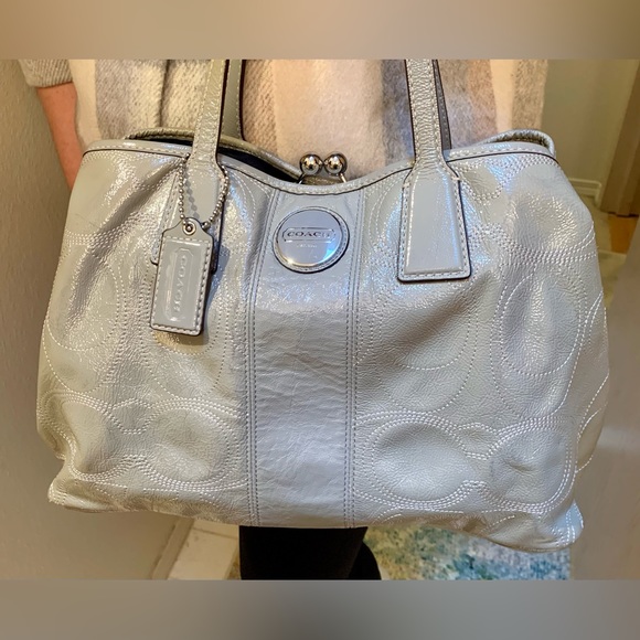 Coach Handbags - Coach Signature Stitch Carryall Kiss Lock Patent Leather Satchel